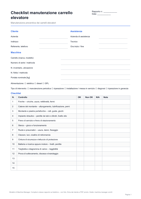 Modello: Checklist manutenzione carrello elevatore