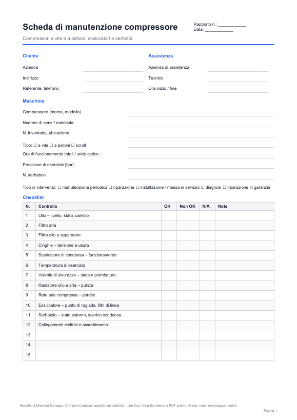 Modello: Scheda di manutenzione compressore