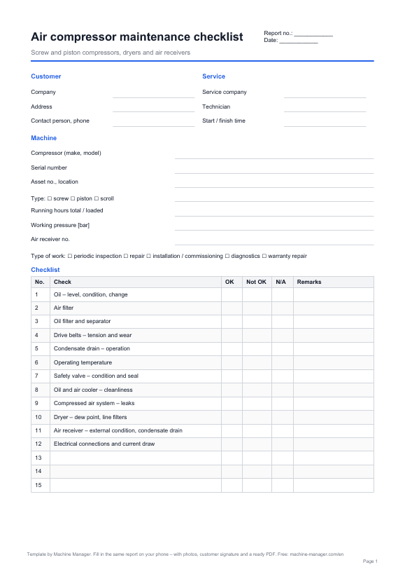 Template: Air compressor maintenance checklist