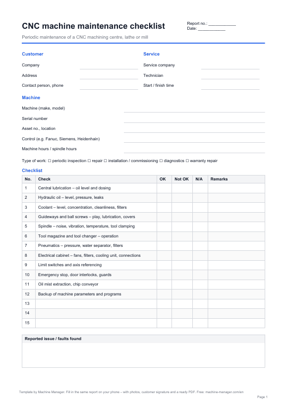 Template: CNC machine maintenance checklist