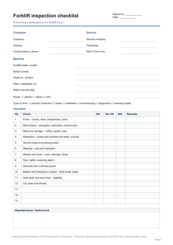 Template: Forklift inspection checklist