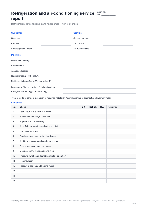 Template: Refrigeration and air-conditioning service report