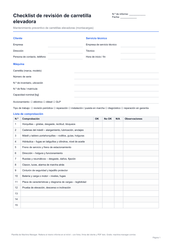 Plantilla: Checklist de revisión de carretilla elevadora